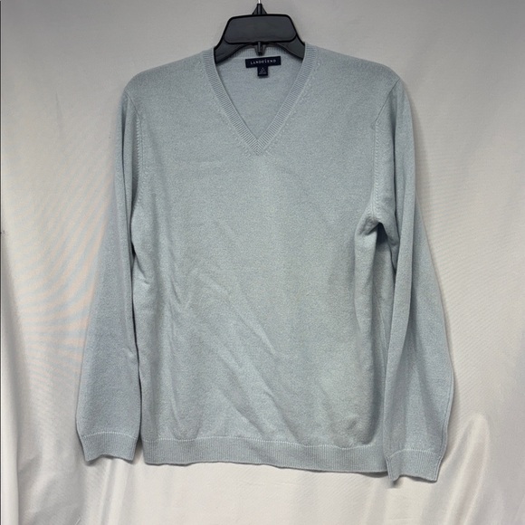 Lands' End Soft Blue white  V-Neck long sleeve 100% cashmere Sweater M - Picture 1 of 11